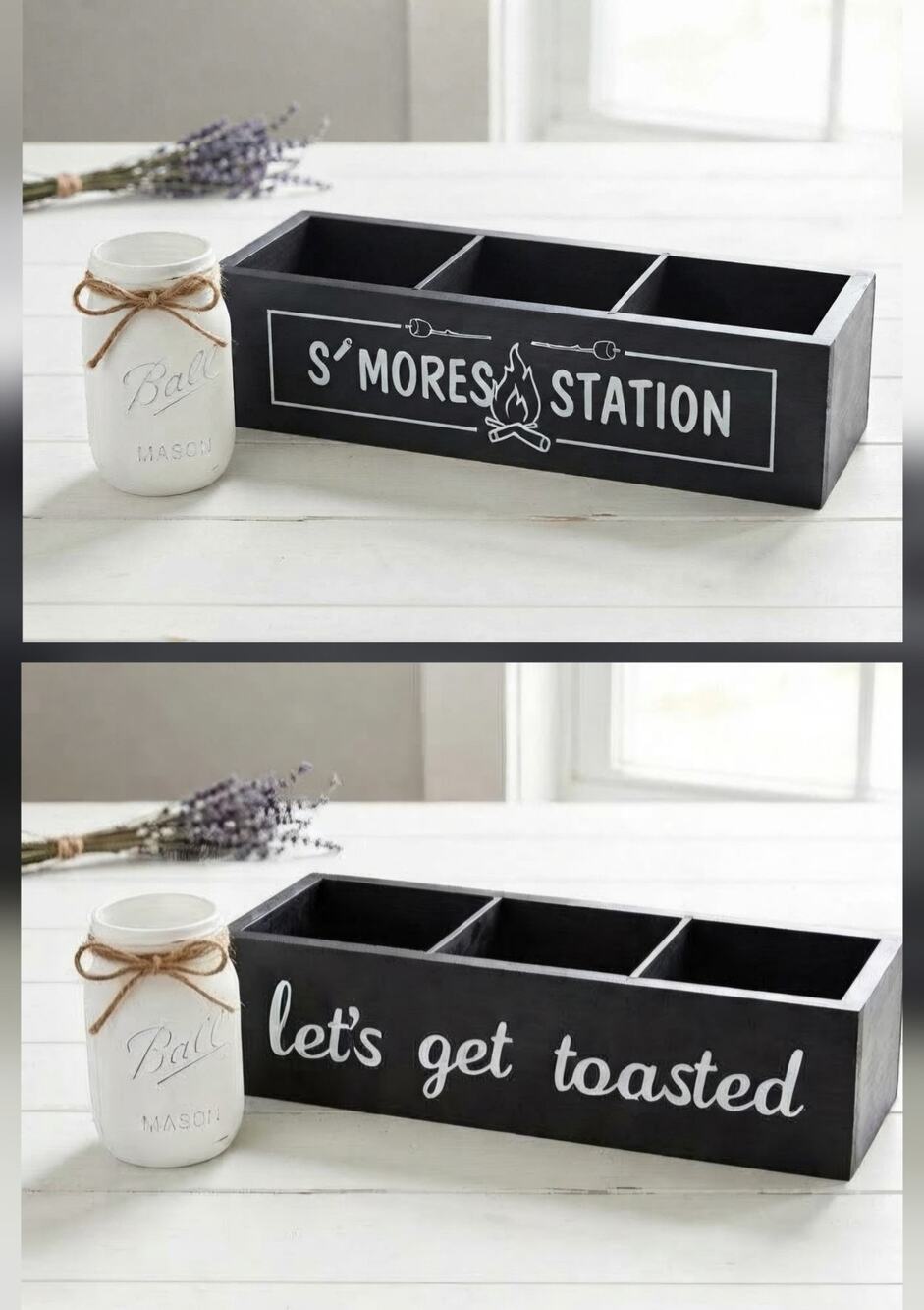 Rustic Wooden S'mores Station Caddy Box & Mason Jar Set Campfire Snack Tray